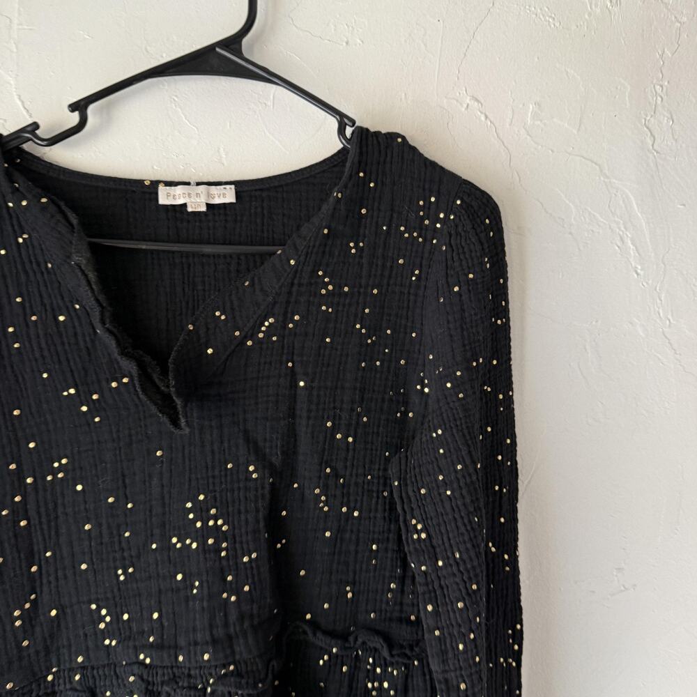 Peace n' love‎ Blouse Womens Medium Black Gold Dot Long Sleeve Peplum Top Boho